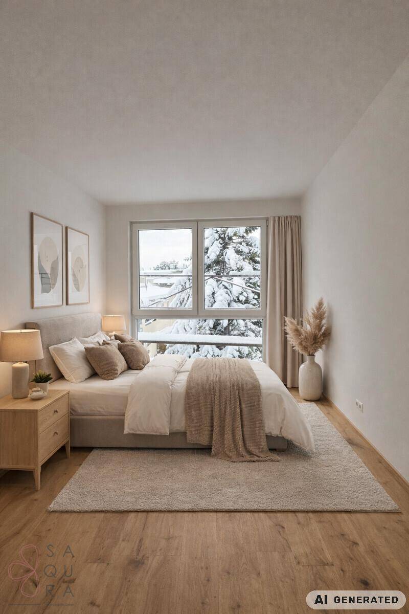 Helles Schlafzimmer mit Holzboden, großem Fenster und Blick auf eine verschneite Landschaft.