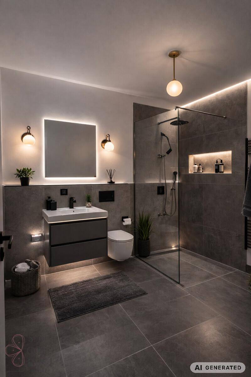 Modernes Badezimmer mit begehbarer Dusche, Waschtisch und indirekter Beleuchtung.
