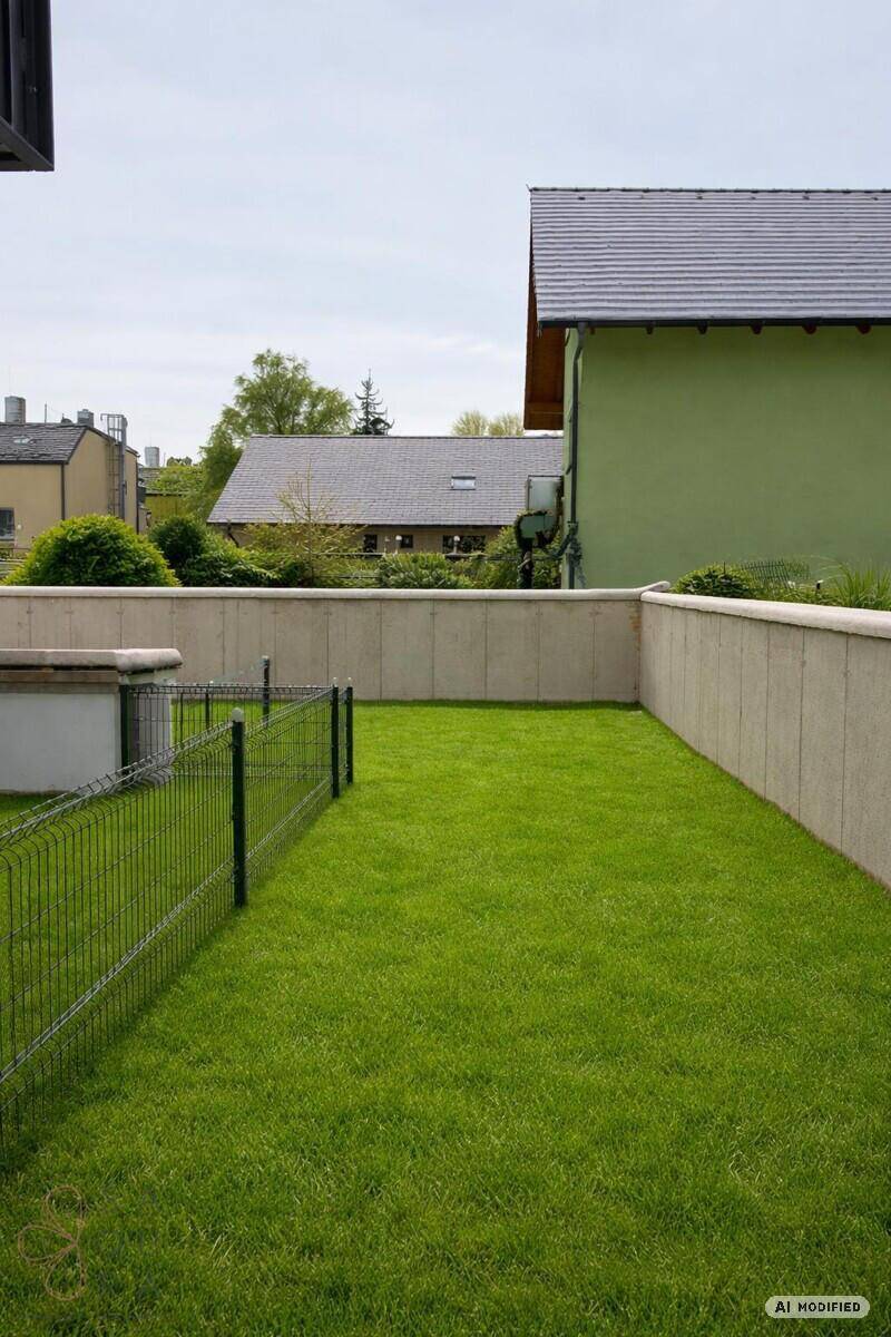 Kleiner, gepflegter Rasenbereich, umgeben von einer niedrigen Mauer und einem Zaun.