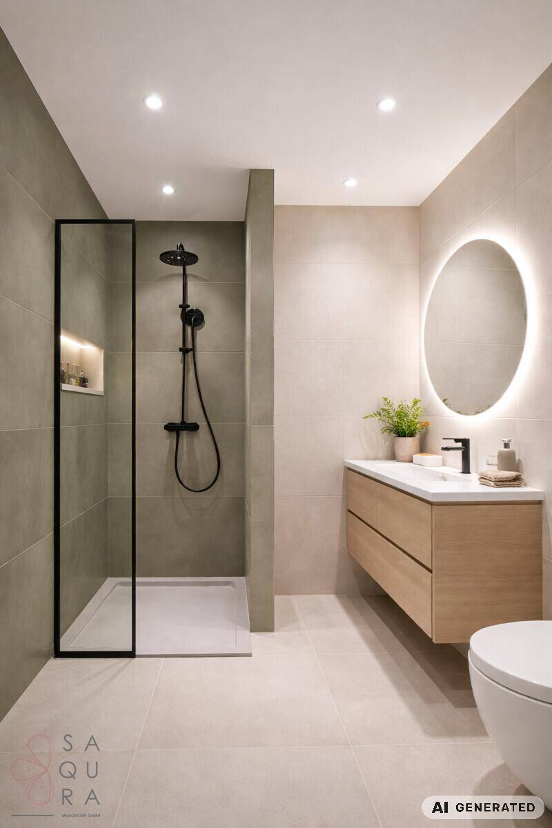 Modernes Badezimmer mit begehbarer Dusche, schwebendem Waschtisch und beleuchtetem Spiegel.