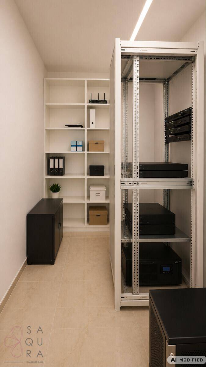 Technischer Raum mit Server-Racks und zusätzlichen Regalen für Bürobedarf.