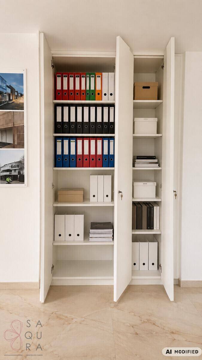 Geräumiger Schrank mit Ordnern und Boxen, ideal für Büroorganisation und Archivierung.