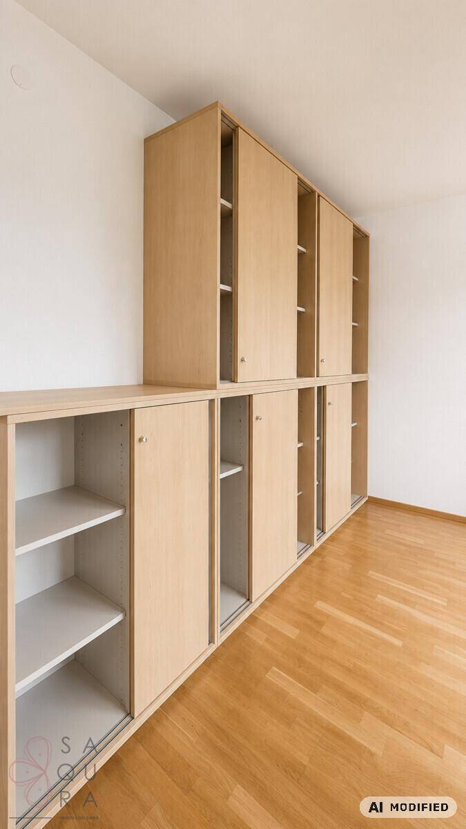 Praktischer Abstellraum mit Holzboden und modularen Regalsystemen für flexible Lagerung.