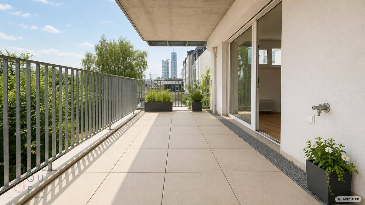 Geräumiger Balkon mit Fliesenboden, Metallgeländer und Blick auf die Stadt.
