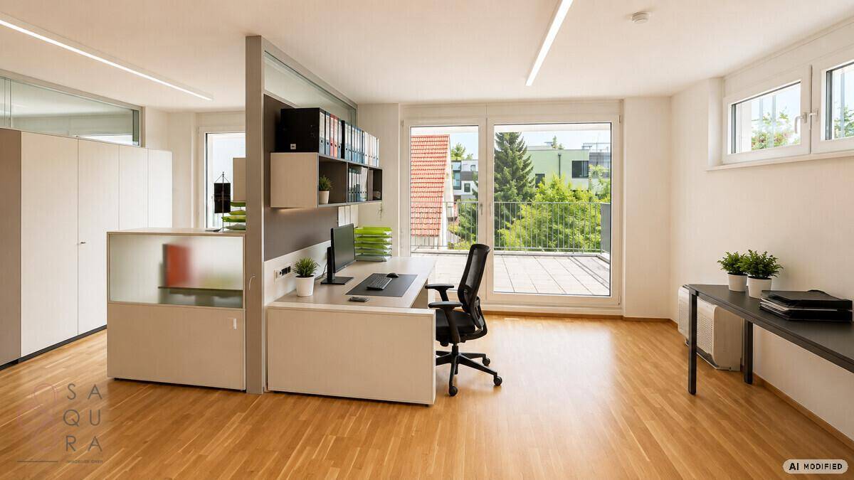 Heller Büroraum mit Holzboden, modernen Arbeitsplätzen und Zugang zu einem Balkon.