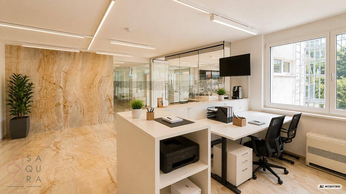 Modernes Büro mit Steinwand, Glasabtrennungen und mehreren Arbeitsplätzen.
