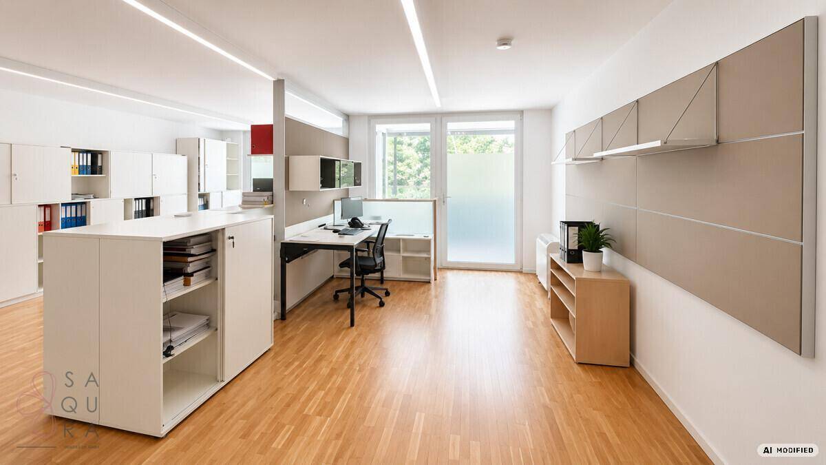 Modernes Büro mit Holzboden, hellen Wänden und funktionalen Möbeln für eine angenehme Arbeitsatmosphäre.