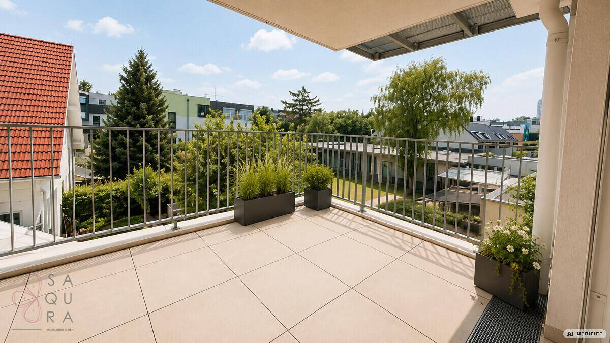 Großer Balkon mit Fliesenboden, Pflanzen und weitem Blick ins Grüne.