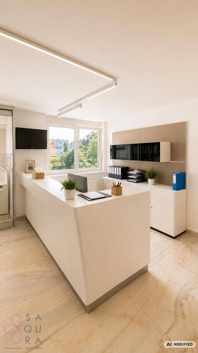 Heller Empfangsbereich mit moderner Theke, Steinboden und Fenster mit Blick ins Grüne.