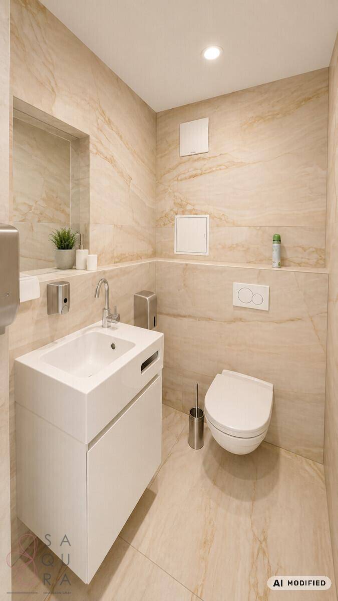 Helles Badezimmer mit wandhängendem WC, modernem Waschtisch und beigefarbenen Marmorfliesen.