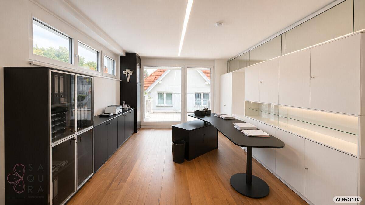 Elegantes Büro mit dunklen Möbeln, Holzboden und großen Fenstern, die viel Licht hereinlassen.