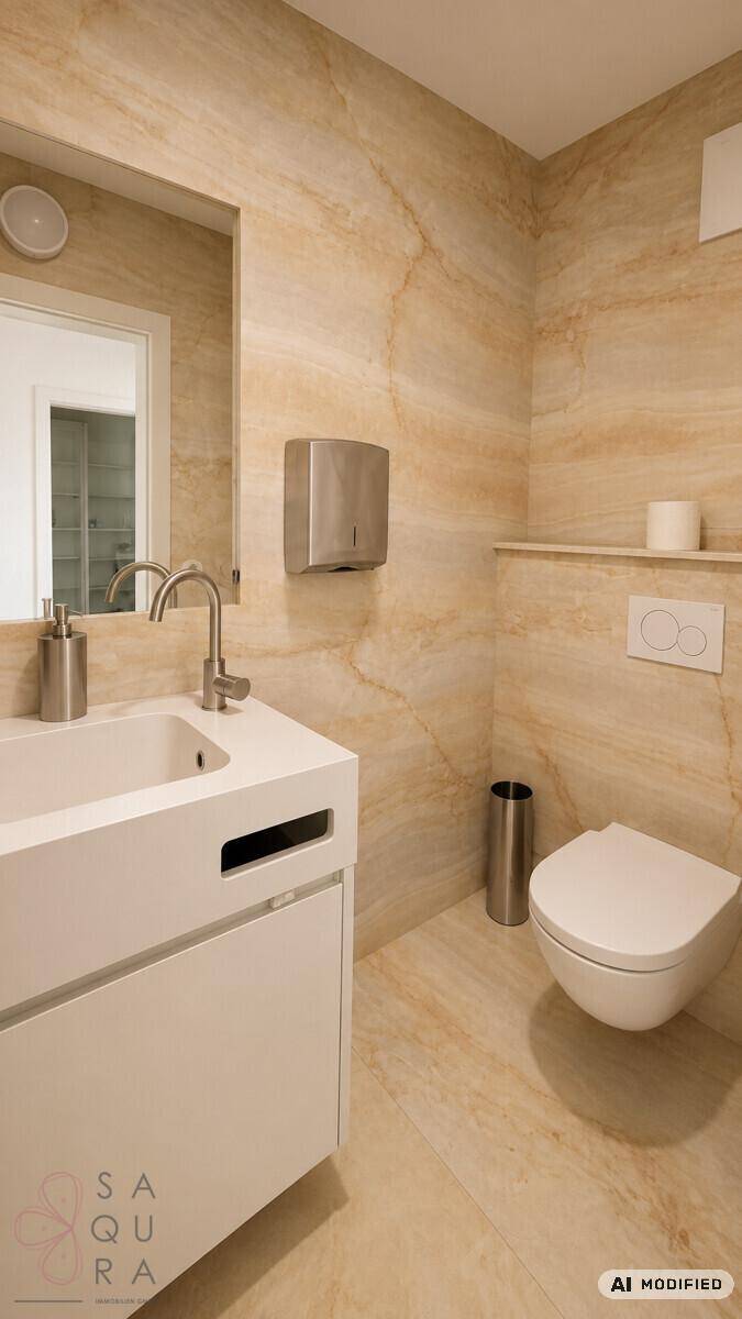 Stilvolles Badezimmer mit modernem Waschtisch, WC und beigefarbenen Fliesen.
