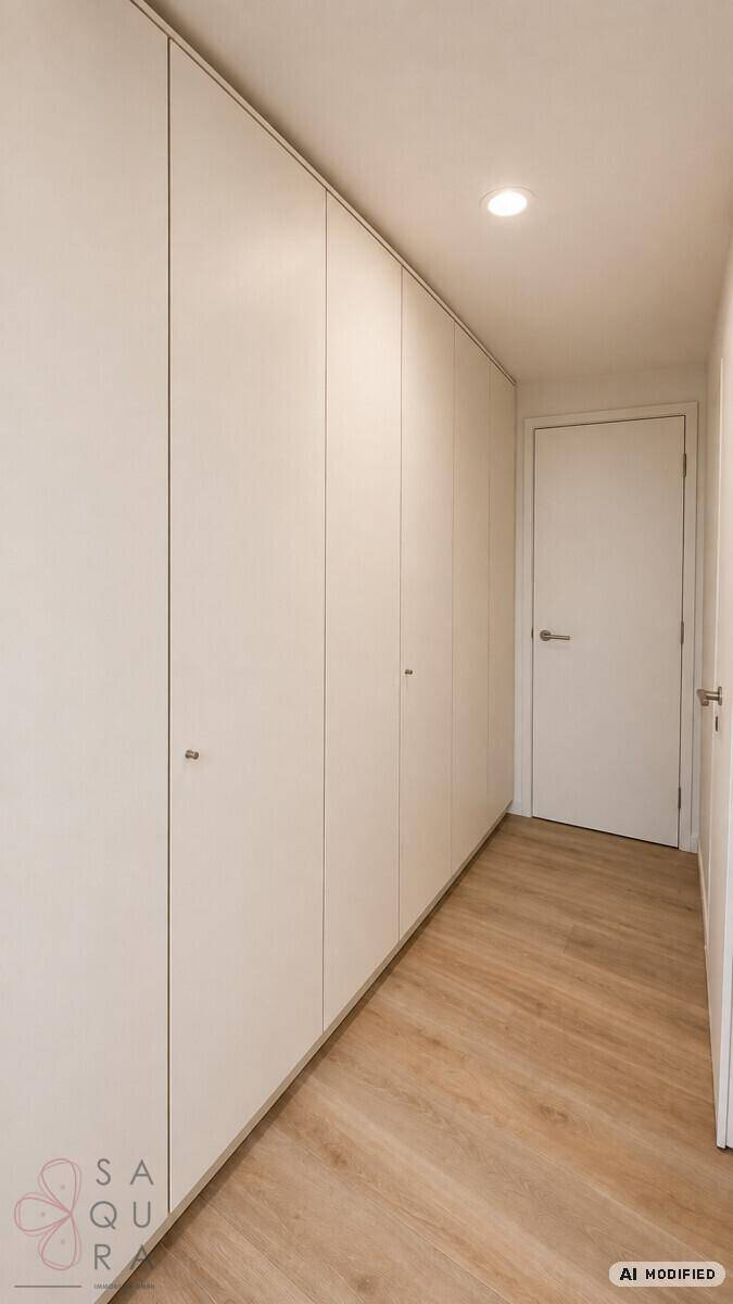 Langer Flur mit Holzboden und integrierten weißen Schränken für praktischen Stauraum.
