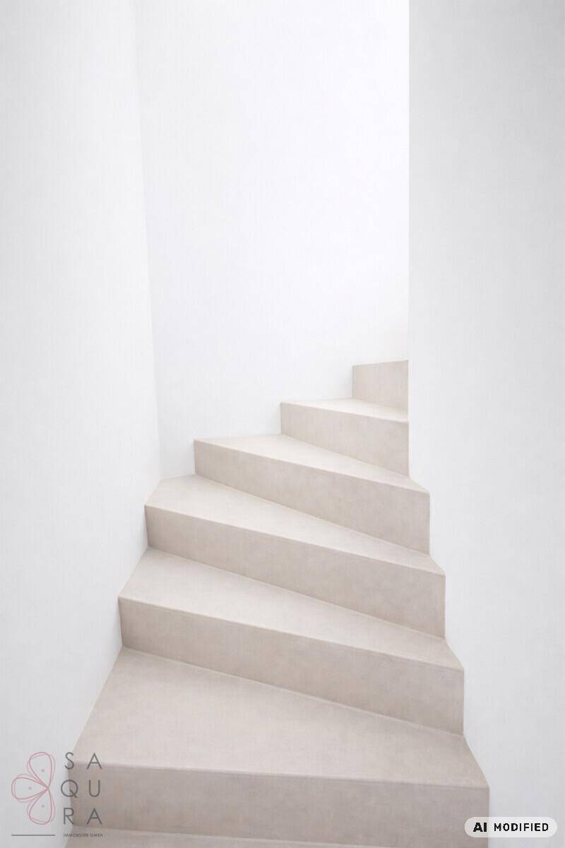 Schlichte, moderne Treppe aus hellem Material, die in die oberen Stockwerke führt.