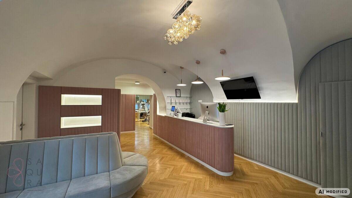 Heller Empfangsbereich mit modernem Sofa, Rezeption und gewölbten Decken, ergänzt durch Holzparkett.