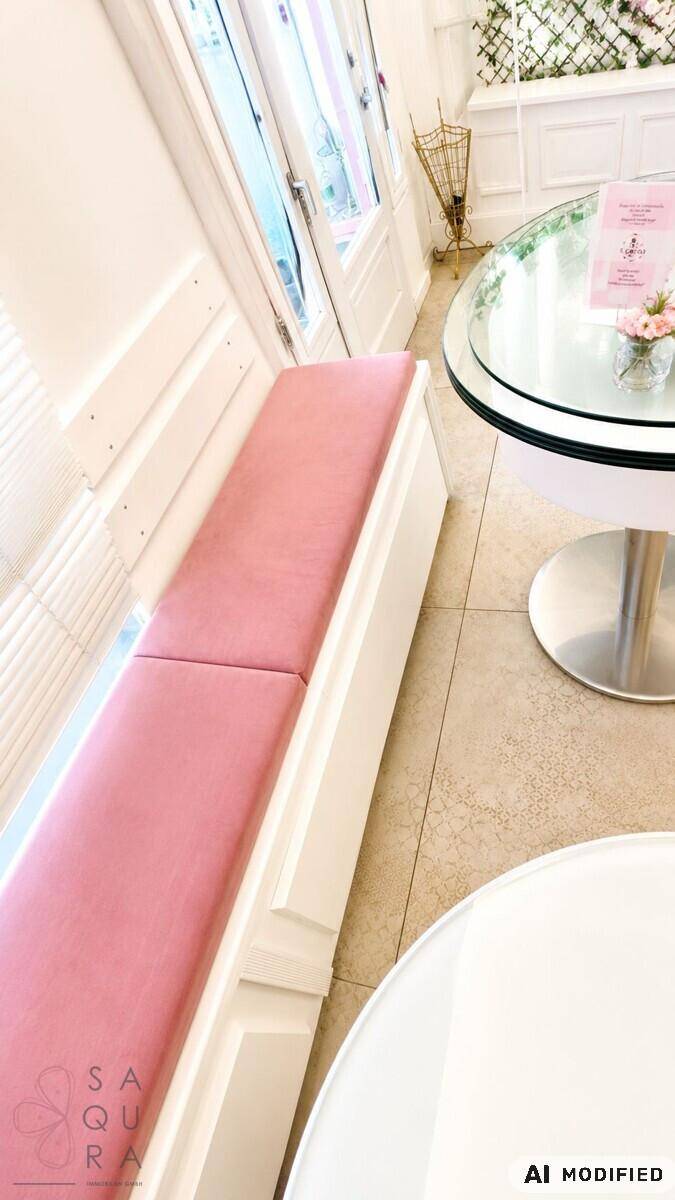 Gemütliche rosa Sitzbank am Fenster mit Blick nach draußen und einem runden Tisch.