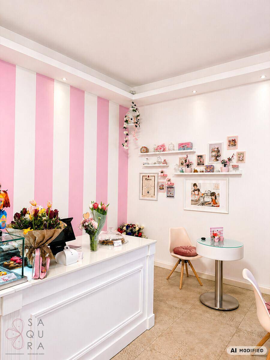 Der helle Verkaufsbereich mit Theke, kleiner Sitzecke und auffälliger rosa-weiß gestreifter Wandgestaltung.