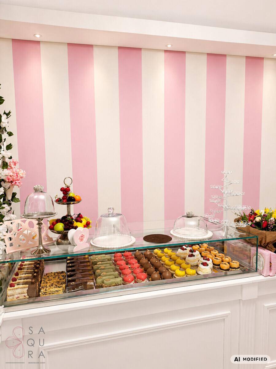 Eine bunte Auswahl an feinen Patisserie-Kreationen in der Auslage vor einer markanten Streifenwand.