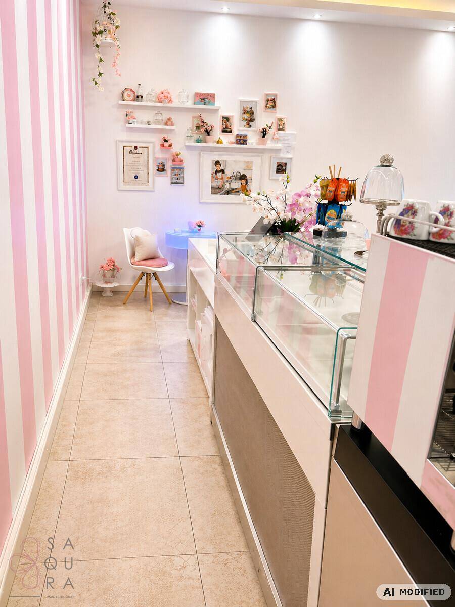 Schmaler Gang entlang der Verkaufsvitrine mit dekorierter Wand und kleinem Sitzbereich im Hintergrund.