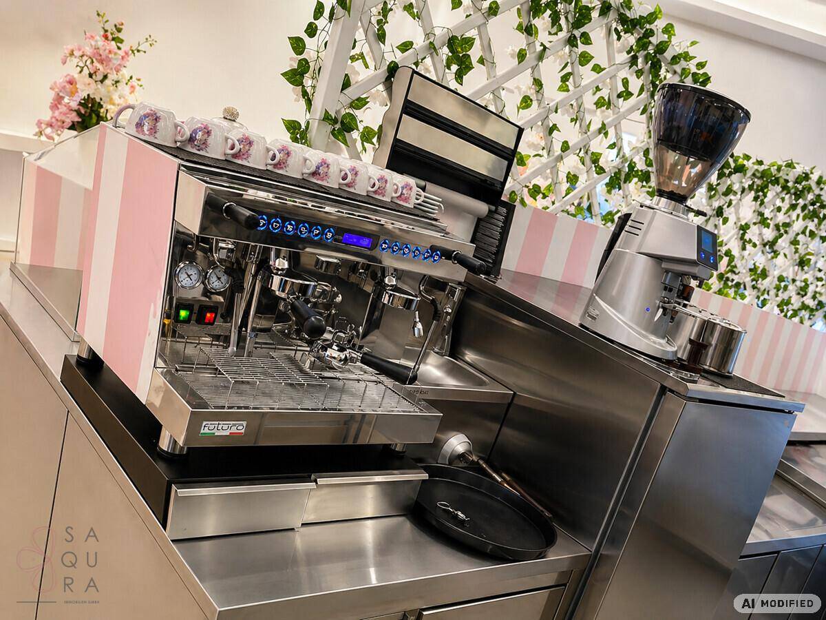Eine professionelle Kaffeemaschine und Mühle auf einer Edelstahlarbeitsplatte.