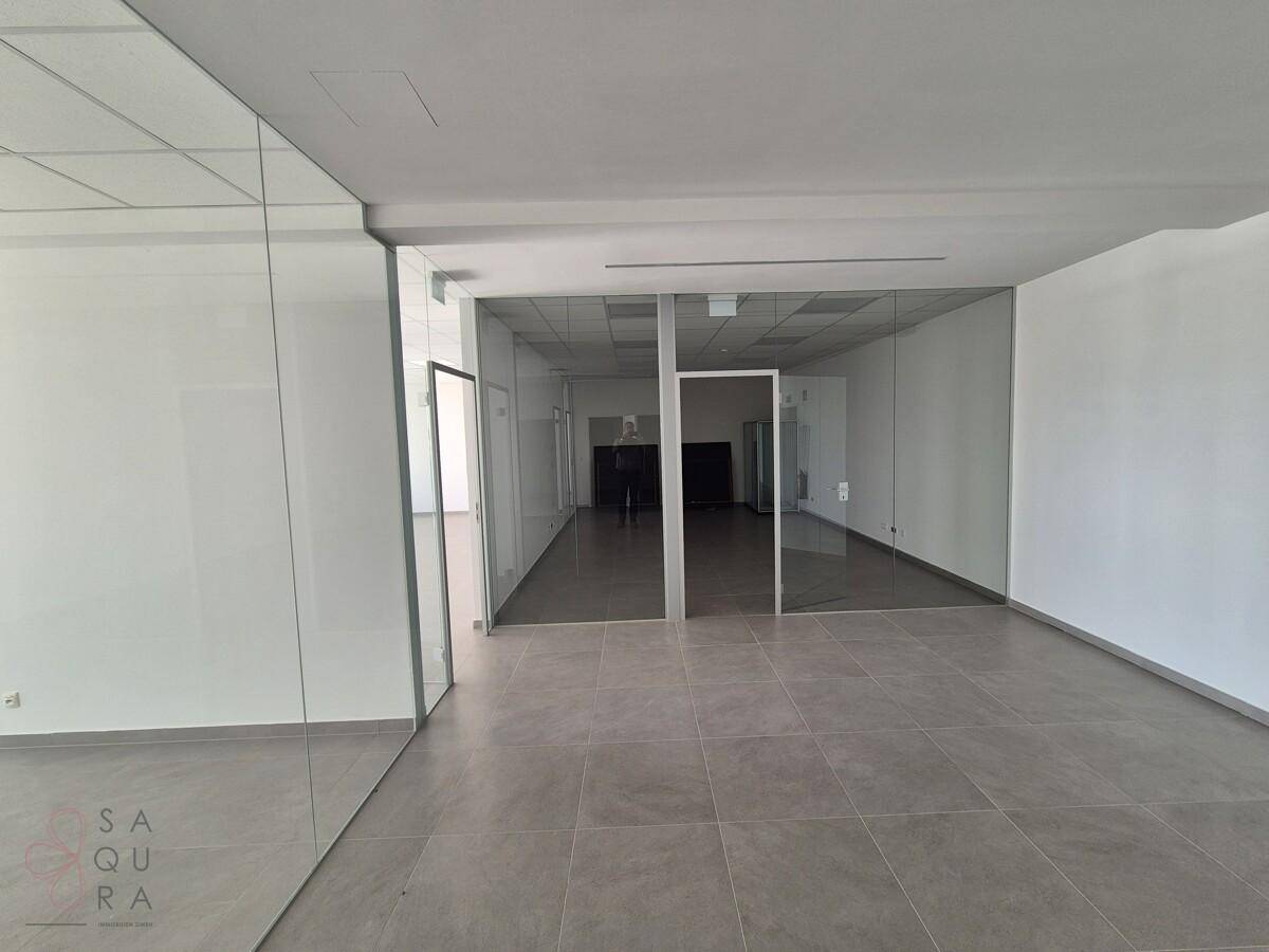 Moderner Bürobereich mit mehreren Glaswänden, die separate Arbeitsbereiche schaffen, und grauen Fliesen.
