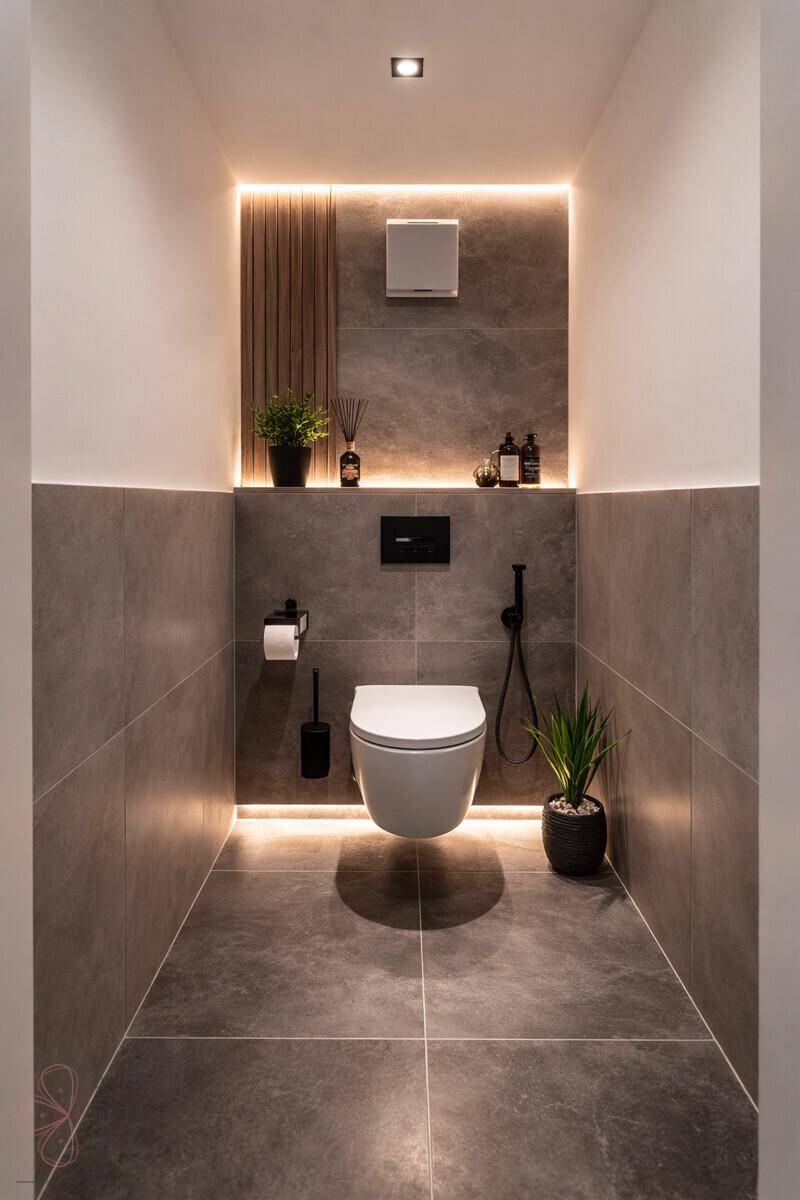 Modernes Gäste-WC mit Wand-WC, dunklen Fliesen und indirekter Beleuchtung für eine stilvolle Atmosphäre.