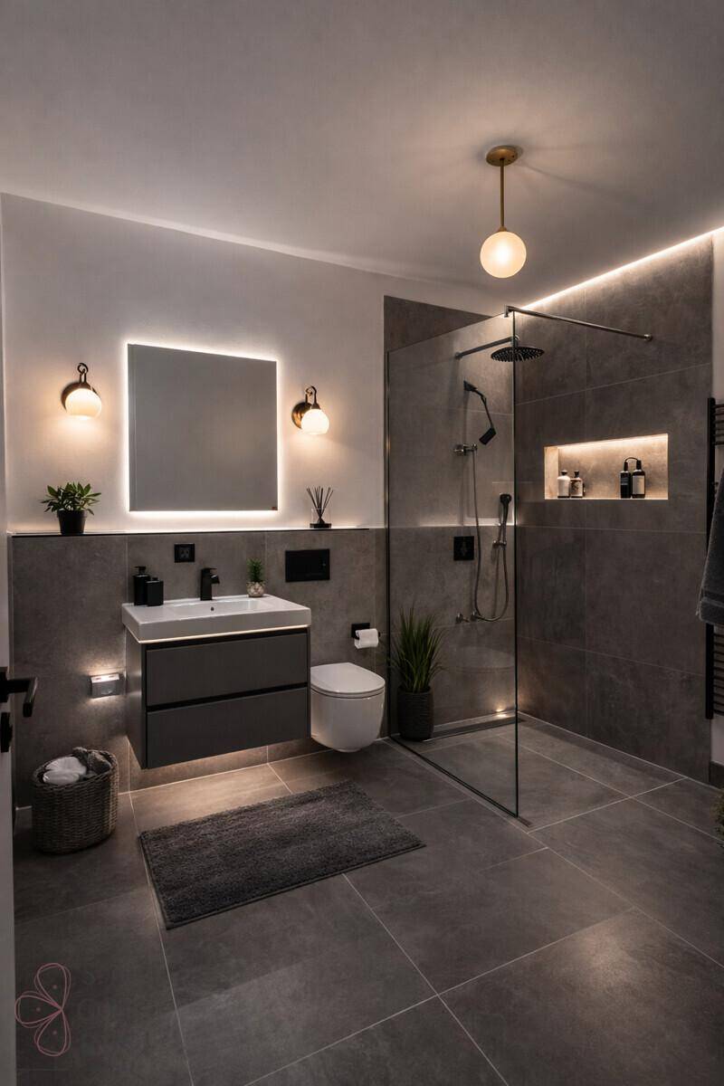 Elegantes Badezimmer mit begehbarer Dusche, Wand-WC, Einzelwaschbecken und dunklen Fliesen.