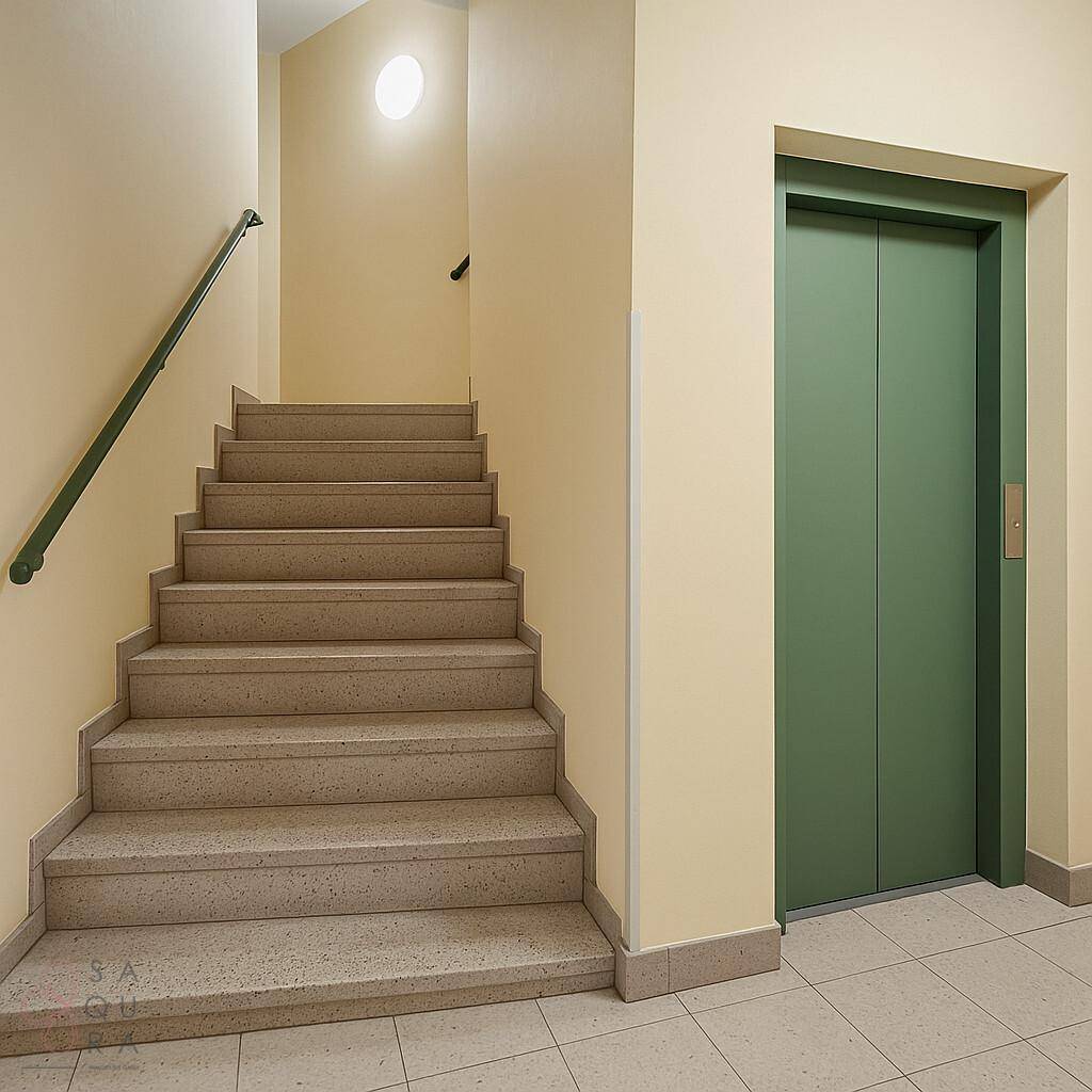 Treppenhaus mit Steinstufen, grünem Handlauf und Aufzug mit grüner Tür.
