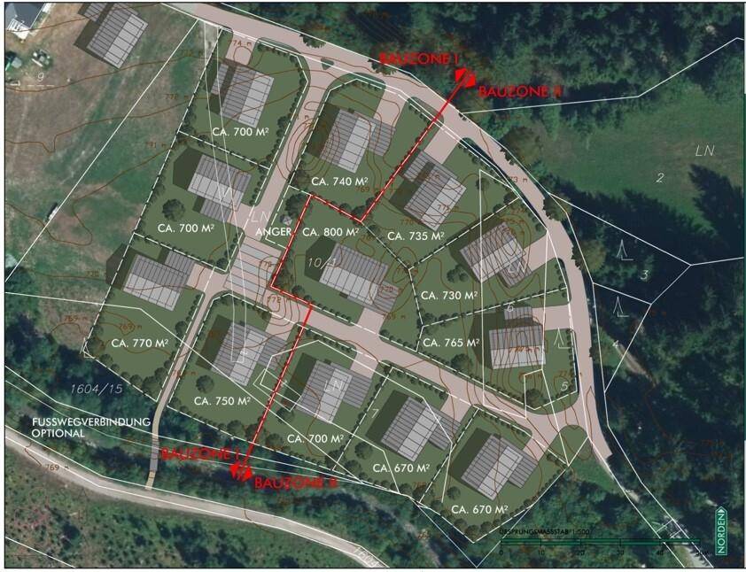 Bebauungsplan mit mehreren Parzellen für neue Häuser und Erschließungsstraßen.