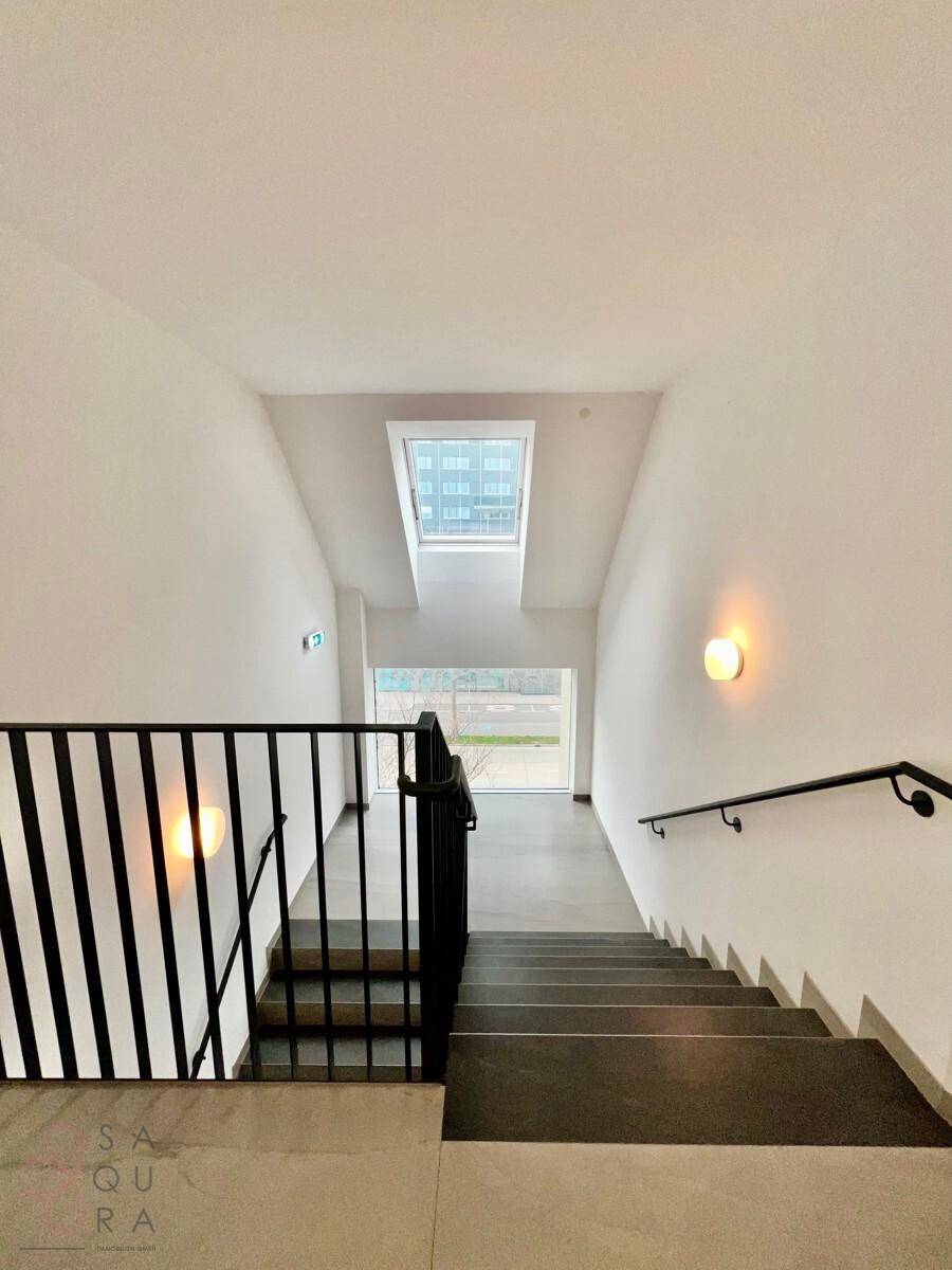 Modernes Treppenhaus mit dunklen Stufen, schwarzem Geländer und einem Oberlicht, das den Bereich erhellt.