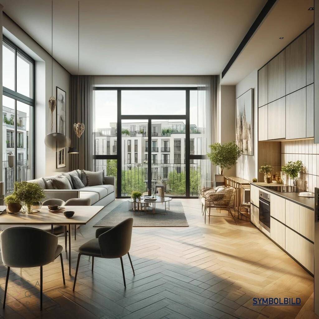 DALL·E 2025-03-08 00.44.31 - A modern apartment interior with large windows, allowing natural light to flood the space. The room has an open-plan design with a stylish kitchen fea