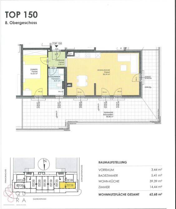 Detaillierter Grundriss der Wohnung TOP 150 mit Raumaufteilung und Flächenangaben.