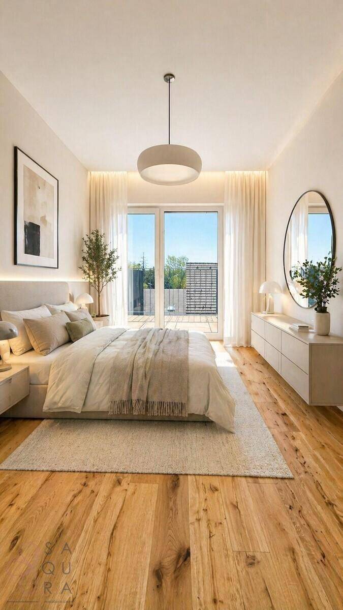 Modernes Schlafzimmer mit Doppelbett, Holzboden und großen Fenstern mit Zugang zum Balkon.