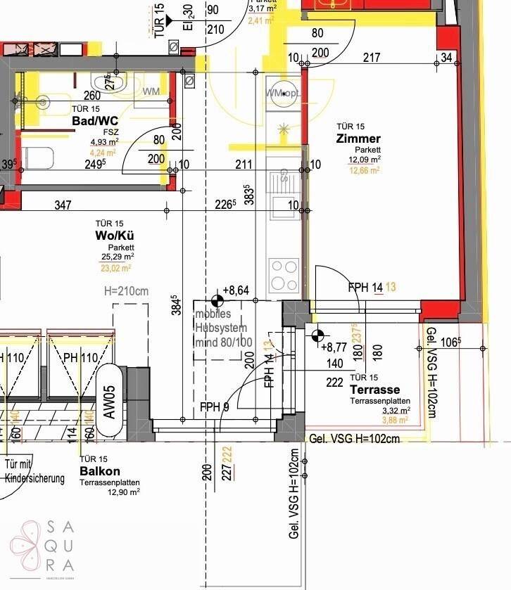 Detaillierter Grundriss einer Wohnung mit Wohnküche, Zimmer, Bad, Balkon und Terrasse.