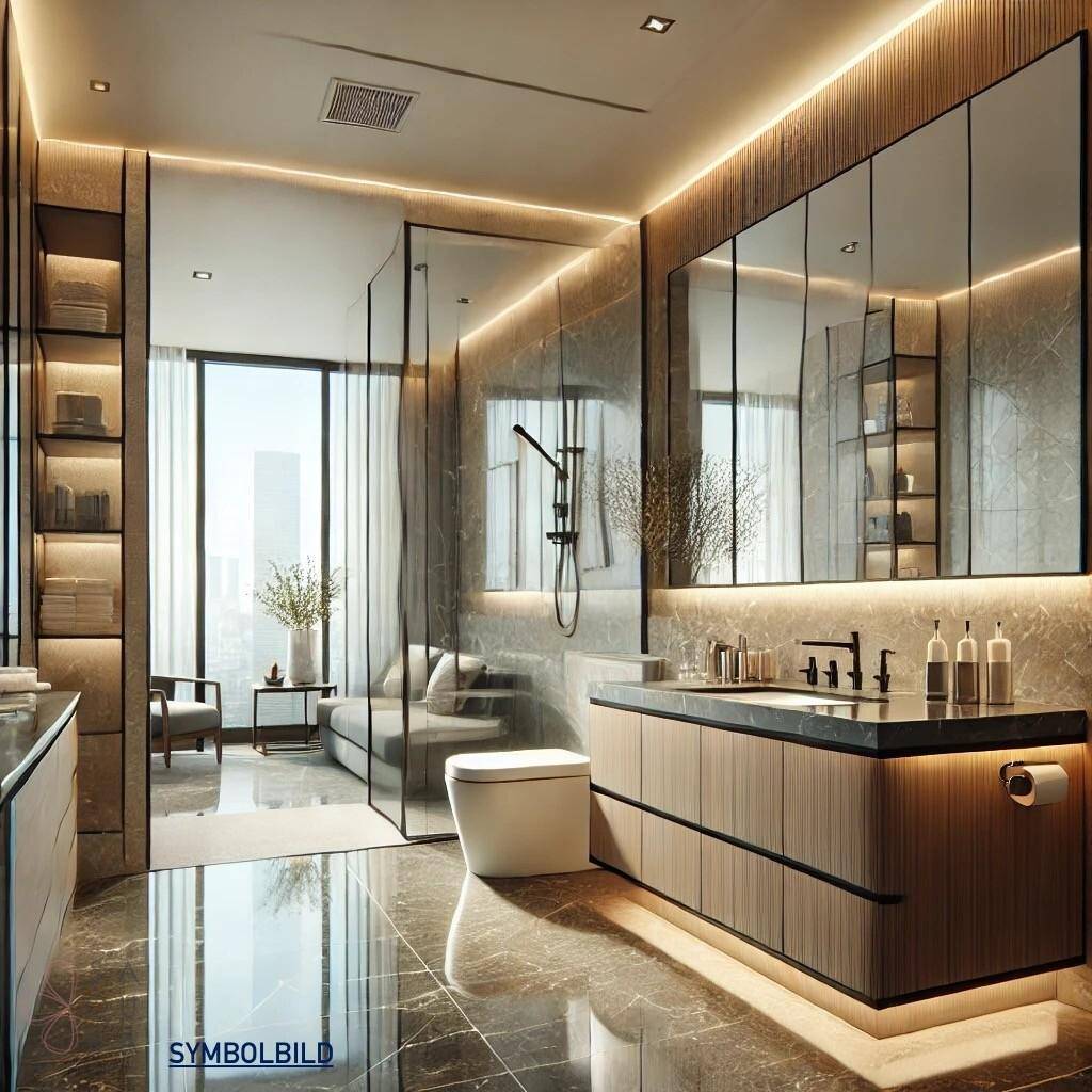 DALL·E 2025-03-08 00.44.37 - A luxurious and modern bathroom in a high-end apartment. The bathroom features a spacious walk-in shower with a glass partition, a sleek vanity with a