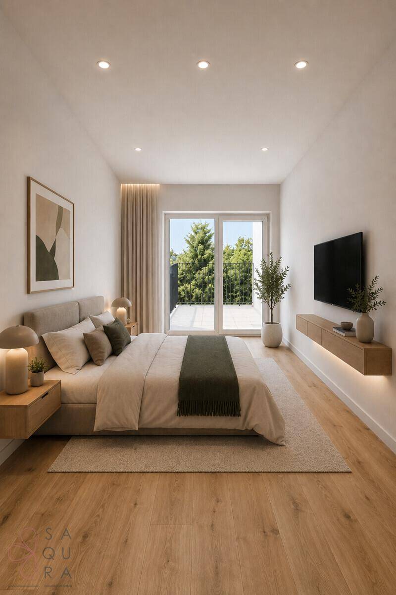 Modernes Schlafzimmer mit Holzboden, großem Bett und direktem Zugang zu einem Balkon.