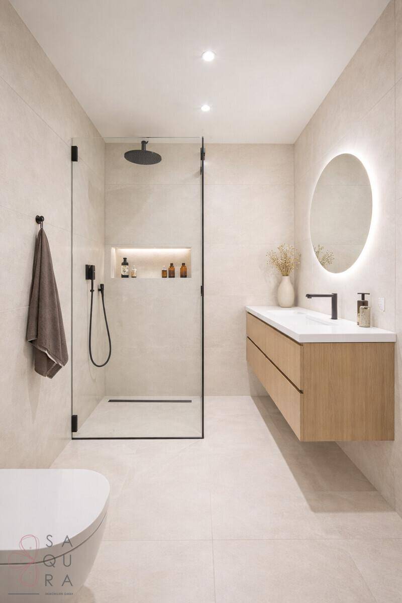 Modernes Badezimmer mit begehbarer Dusche, schwebendem Waschtisch und runden Spiegel.