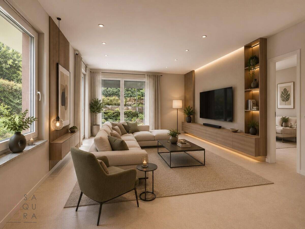 Modernes Wohnzimmer mit großem Sofa, integrierten Regalen und Blick in den Garten.