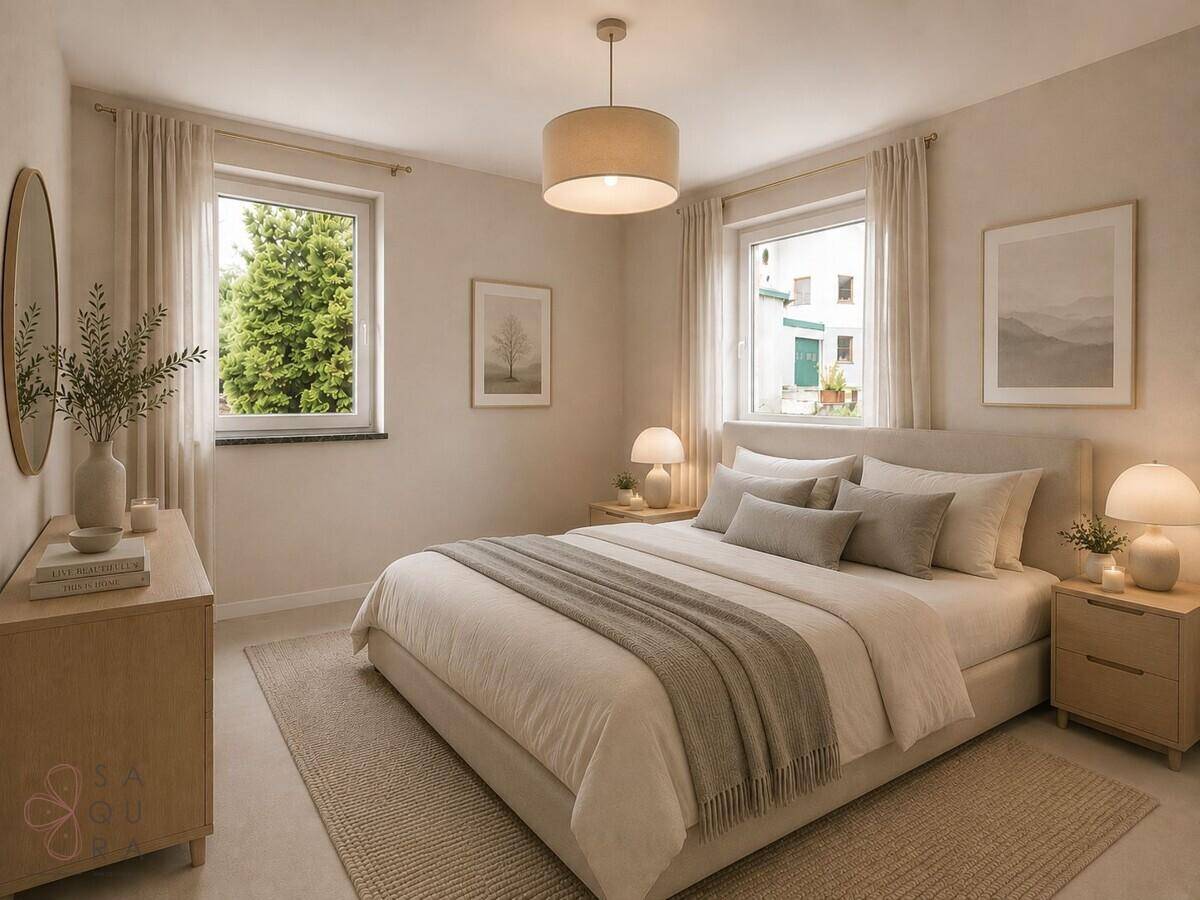 Modern eingerichtetes Schlafzimmer mit Doppelbett, Nachttischen und Fenstern mit Blick nach draußen.