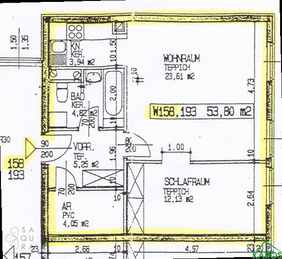 Grundriss der Wohnung mit Wohnraum, Schlafzimmer, Bad und Küche auf 53,80 m².