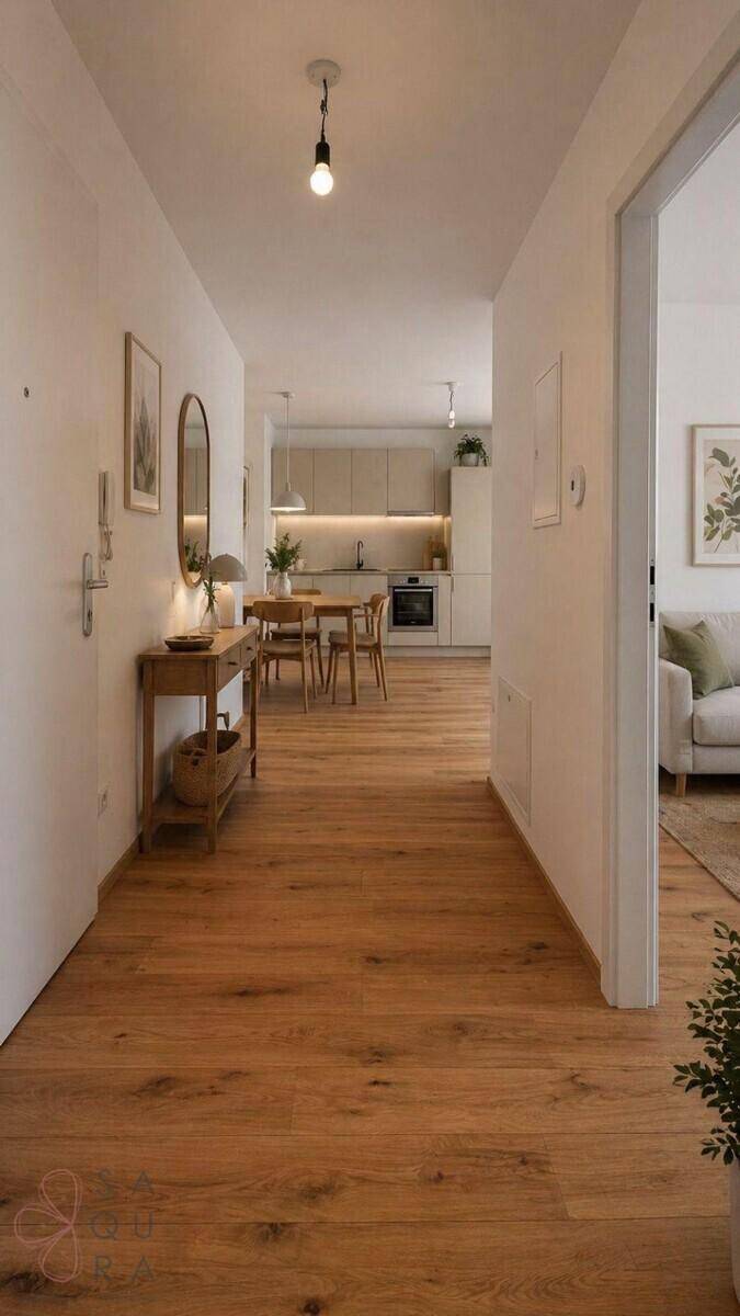 Heller Flur mit Holzboden, der zu einem offenen Küchen- und Essbereich führt.