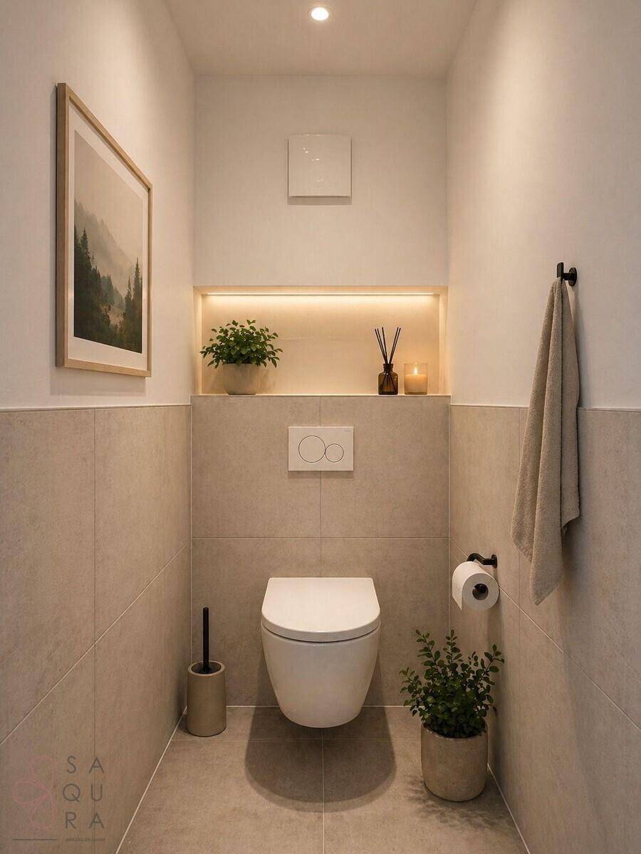 Modernes Gäste-WC mit Wand-WC, kleinem Waschbecken und indirekter Beleuchtung.