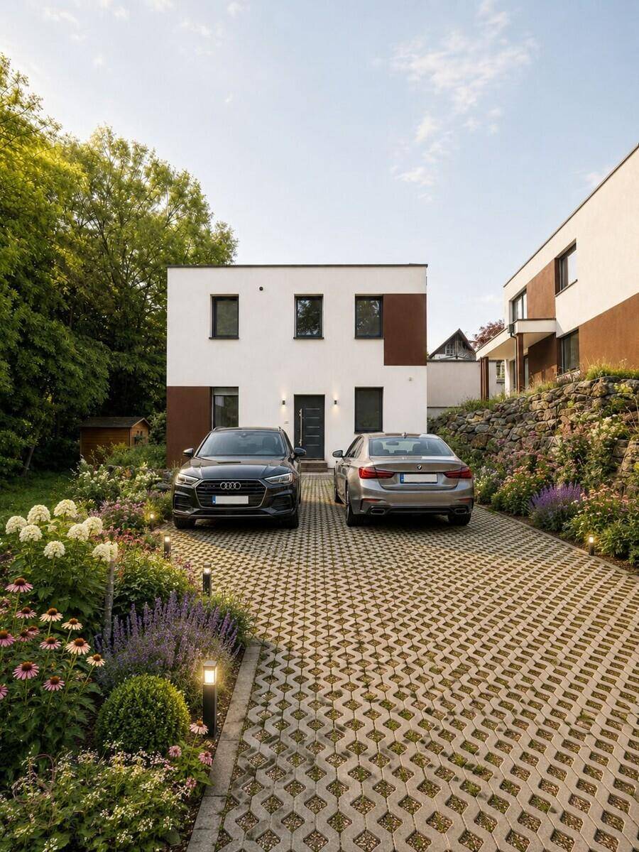 Modernes Einfamilienhaus mit gepflasterter Auffahrt, zwei Autos und blühendem Vorgarten.