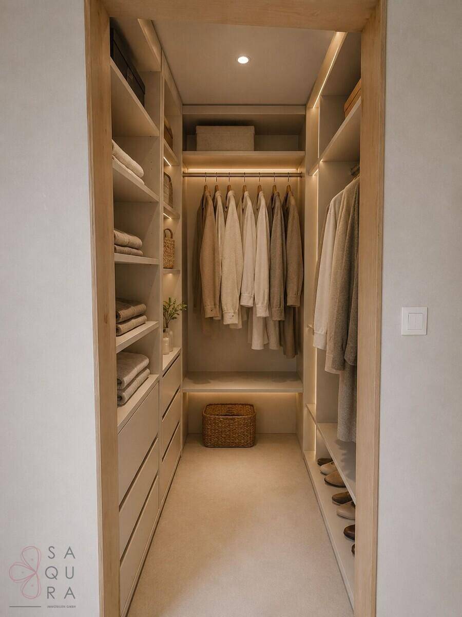 Heller begehbarer Kleiderschrank mit integrierten Regalen und Beleuchtung.