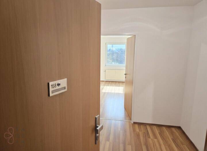 Heller Eingangsbereich mit Holztür und Blick in die angrenzenden Wohnräume.