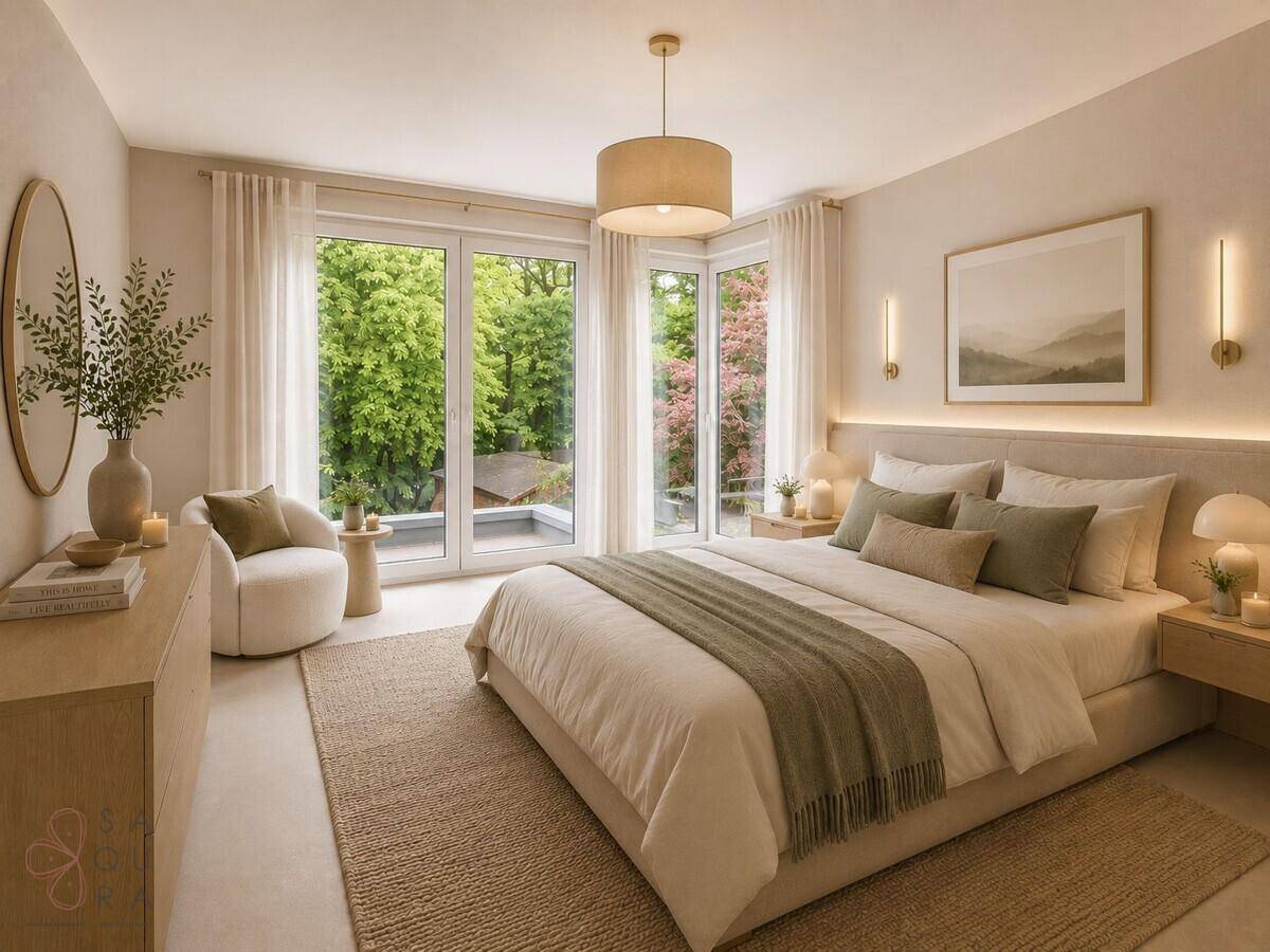 Helles Schlafzimmer mit großem Bett, Sitzgelegenheit und bodentiefen Fenstern mit Gartenblick.
