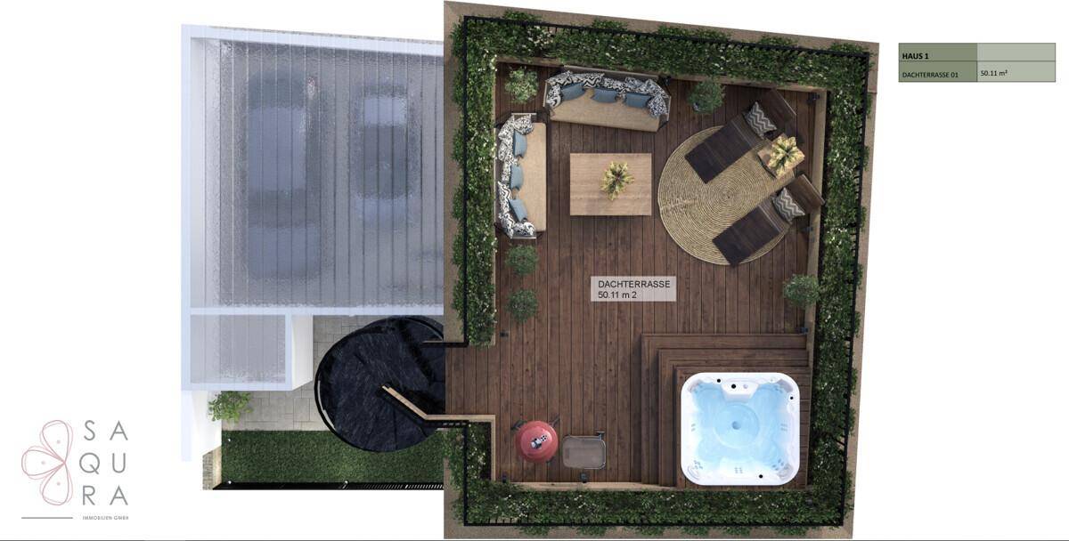 Grundriss der Dachterrasse mit Whirlpool, Sitzgelegenheiten und viel Grünfläche.