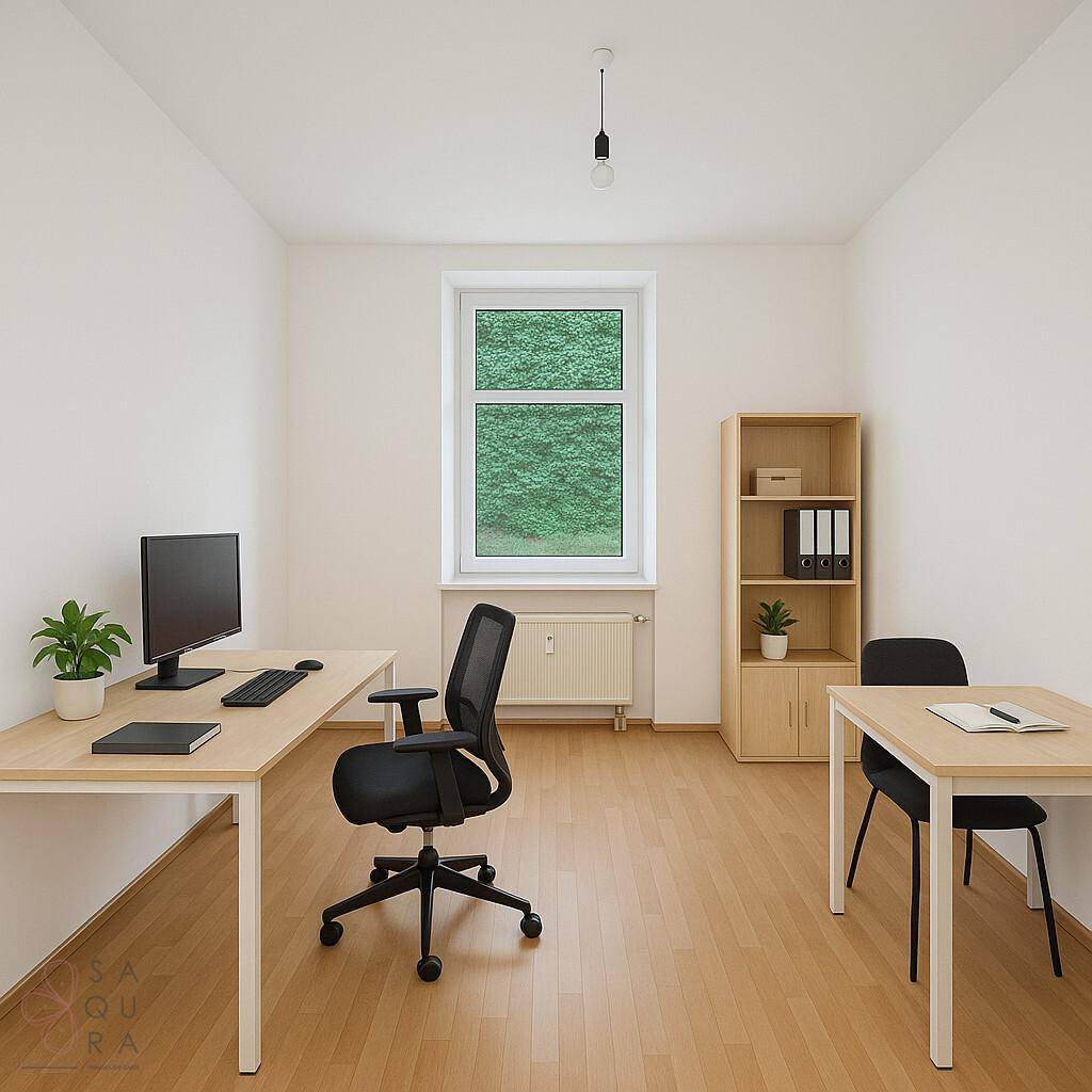 Modern eingerichtetes Büro mit zwei Schreibtischen, Bürostühlen und Blick ins Grüne.