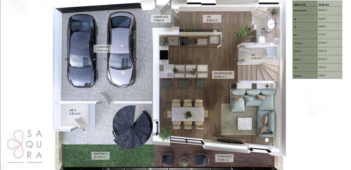Grundriss des Erdgeschosses mit offenem Wohn-Essbereich, Küche und Carport.
