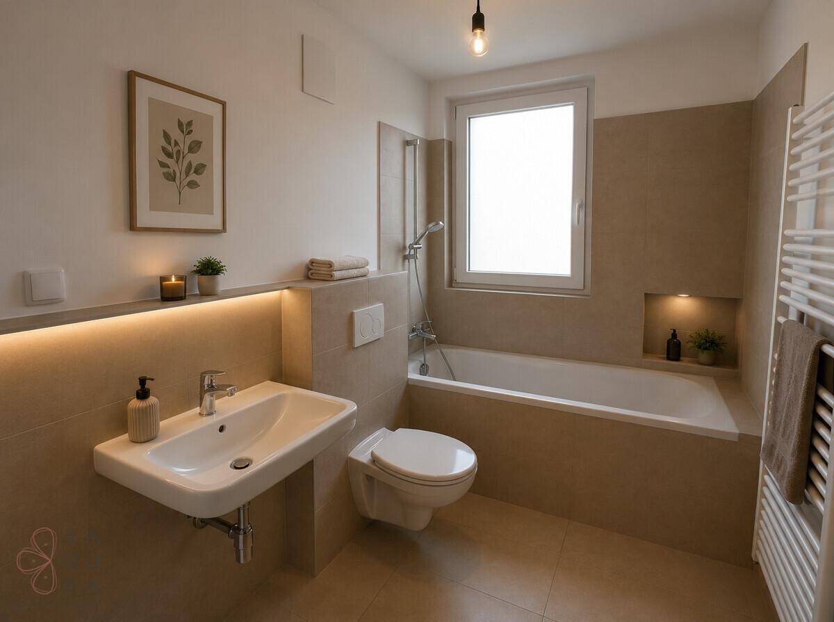 Modernes Badezimmer mit Badewanne, WC, Waschbecken und beheiztem Handtuchhalter.